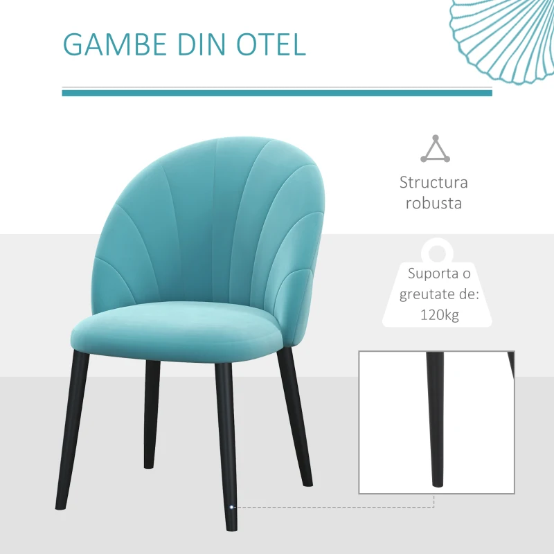 HOMCOM Set 2 scaune pentru camera de zi si sufragerie tapitate, cu design nordic si ergonomic, din metal si tapiterie cu efect de catifea verde deschis, 52x54x79 cm