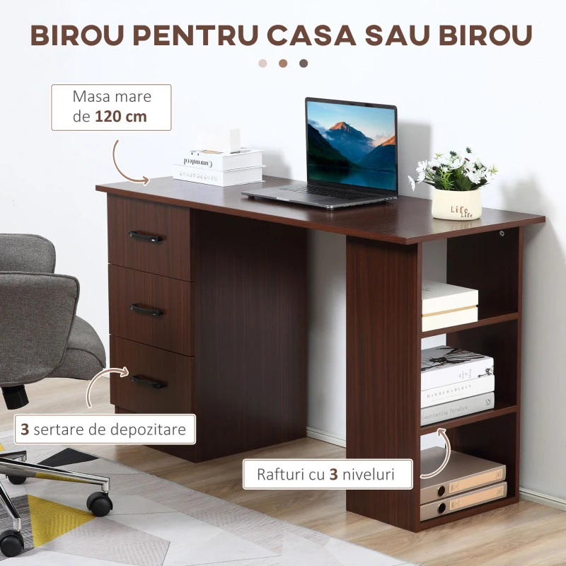 HOMCOM Birou cu 3 sertare si 3 rafturi reversibile, birou din lemn de 120 cm, culoare nuc(m-4)
