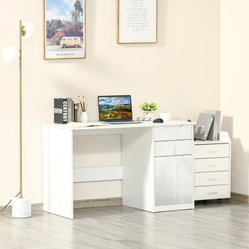 HOMCOM Computer Desk with Drawers, Modern Writing Workstation with Storage Cabinet, PC Study Table for Home, Office, Study, White