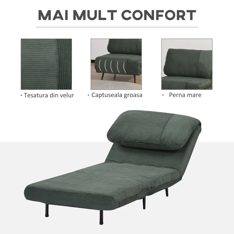 HOMCOM Fotoliu Pat 2 in 1 reglabil pe 3 niveluri cu sezut foarte mare si captuseala din spuma, structura din lemn, otel si efect catifea verde