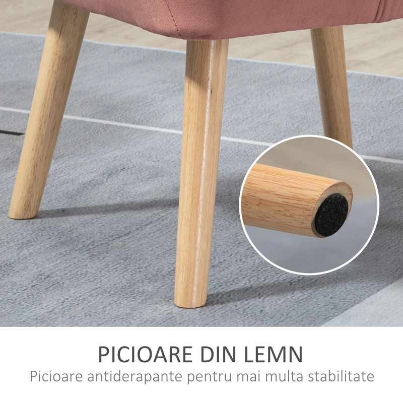 HOMCOM Fotoliu in stil nordic din lemn si efect de catifea roz pentru sufragerie sau birou, 68,5x61x72,5cm