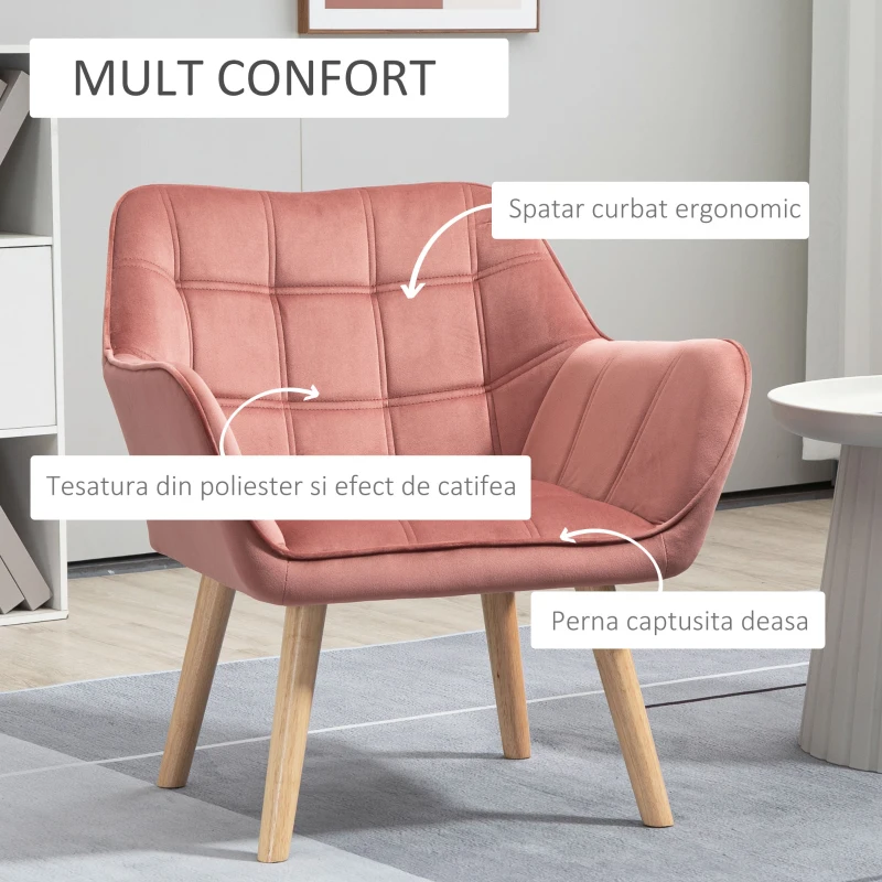 HOMCOM Fotoliu in stil nordic din lemn si efect de catifea roz pentru sufragerie sau birou, 68,5x61x72,5cm