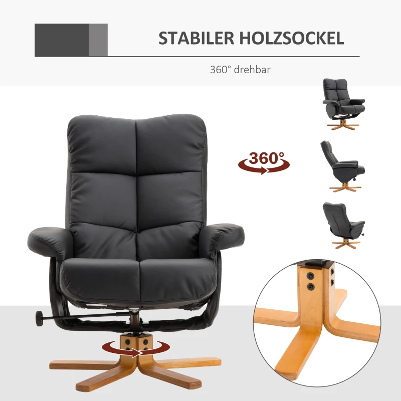 HOMCOM Relaxsessel mit Hocker, Stauraum, Gepolstert Fernsehsessel mit Liegefunktion, 360° Drehbar TV-Sessel für Schlafzimmer, Wohnzimmer, Kunstleder, Schwarz