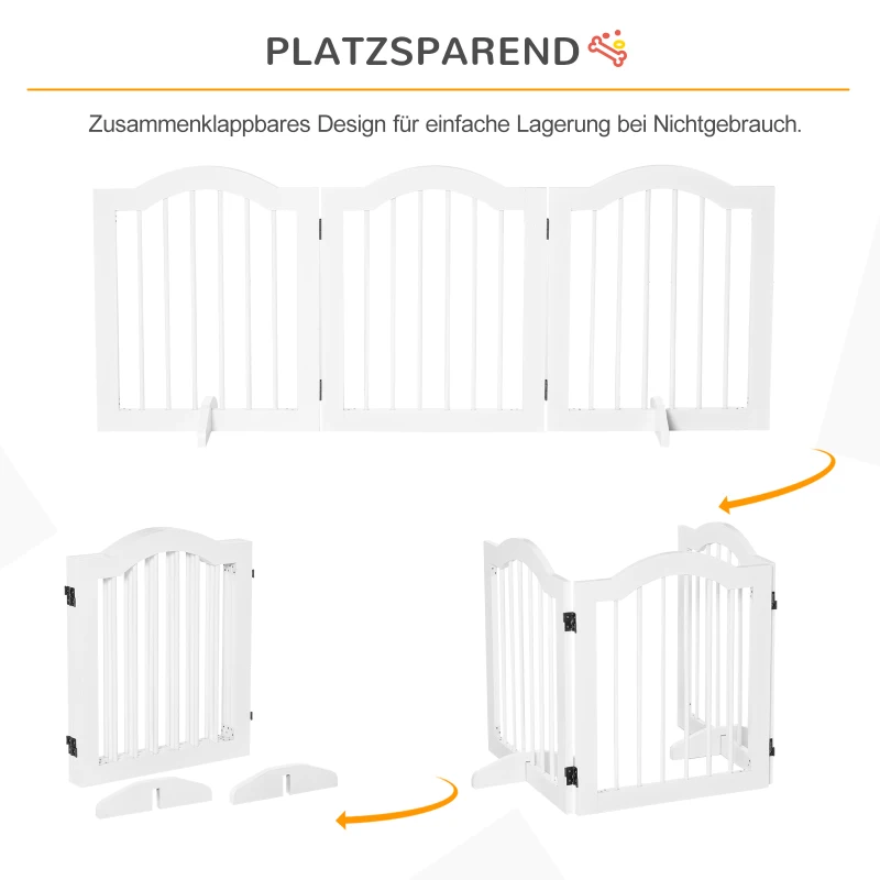 PawHut Absperrgitter Hund 3-teilig, 154,5 x 61 cm Faltbar Hundegitter mit Tür, Türschutzgitter mit 2 Stützfüßen, Freistehend Treppengitter für Küche, Flur, Weiß