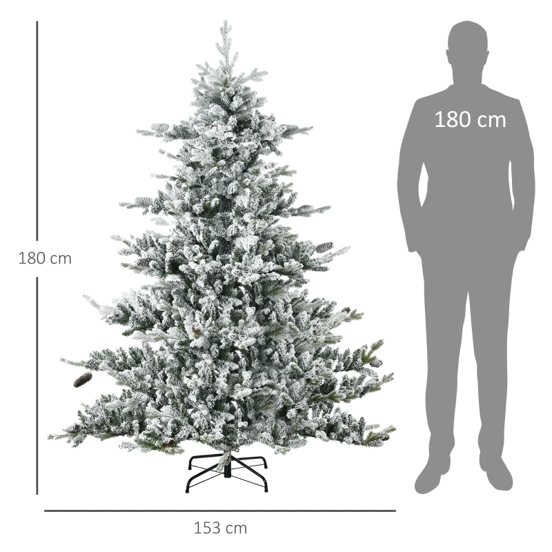 HOMCOM Kerstboom, Kunstspar, 1,80 m groot, weelderige vorm, levensecht uiterlijk, sneeuwbedekte takken, dennenappels