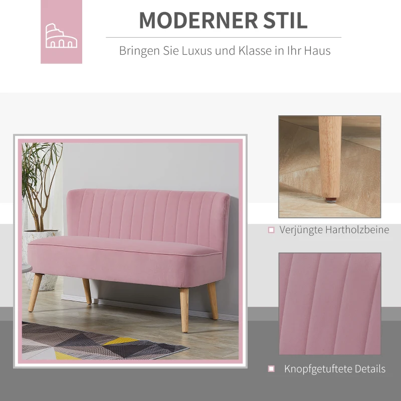 HOMCOM 2-Sitzer Stoffsofa Polstersofa Doppelsofa Sitzmöbel Loungesofa Holz Samtartiges Polyster Schaumstoff Rosa 117 x 56,5 x 77 cm