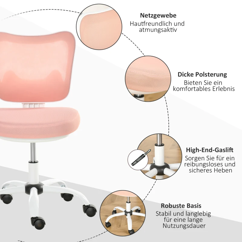 Vinsetto Bürostuhl Drehstuhl Bürosessel ohne Armlehnen Höhenverstellbar Schaumstoff ABS Metall Weiß+Rosa 46 x 51 x 78-87,5 cm