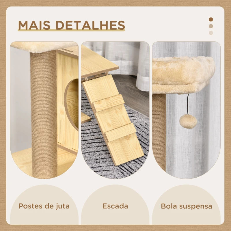 PawHut Arranhador para Gatos com Poste de Arranhar de Juta 2 Camas Rede Caverna Bola Suspensa Rede e Rampa 60x40x130 cm Madeira
