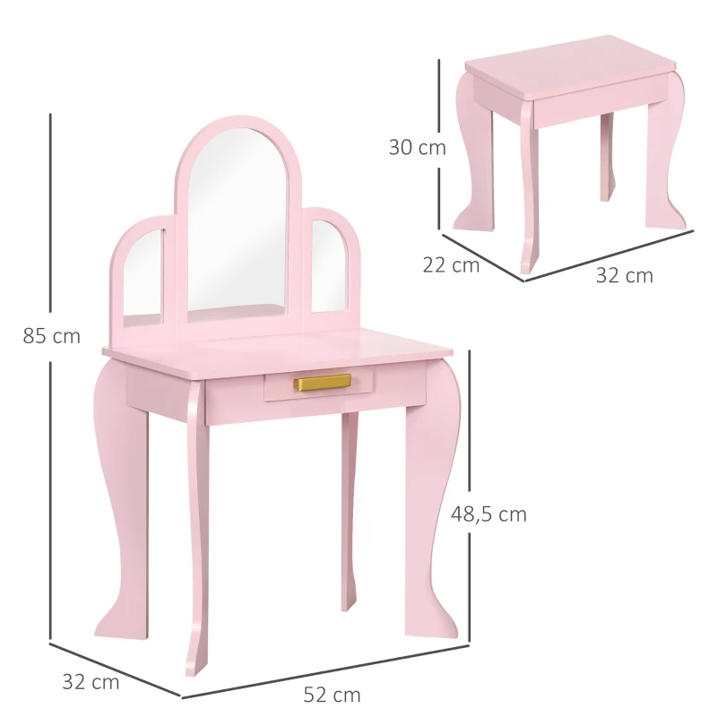 HOMCOM Toucador para Crianças com Espelho e Banco Toucador de Maquilhagem para Crianças de 3 a 6 Anos 52x32x85 cm Rosa