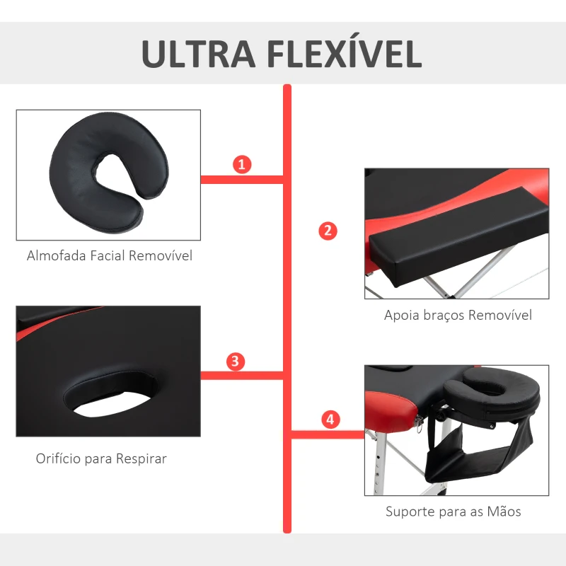 HOMCOM Marquesa de Massagem Dobrável e Portátil com Altura Ajustável Apoio para a Cabeça e Apoio para os Braços 215x60x61-84 cm Preto e Vermelho