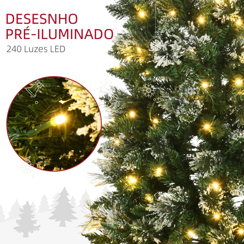 HOMCOM Árvore de Natal Artificial com 240 Luzes LED 618 Ramos Suporte de Aço e Formato Slim para Interior Ø68x180 cm Verde