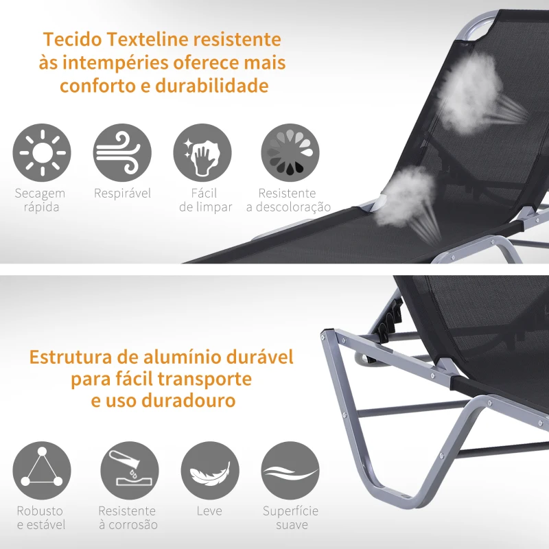 Outsunny Espreguiçadeira de Jardim com Encosto Ajustável em 5 Posições de Alumínio e Textilene Exterior 163x58,5x91 cm Preto