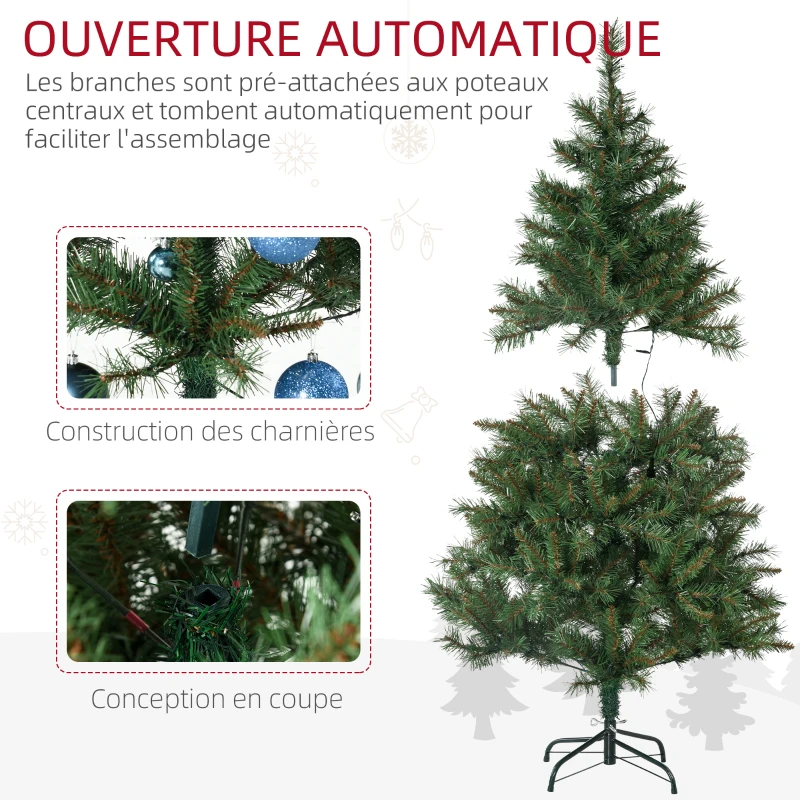 HOMCOM Sapin de Noël artificiel lumineux LED x 160 blanc chaud 8 modes d'éclairages support acier 418 branches 150 cm vert