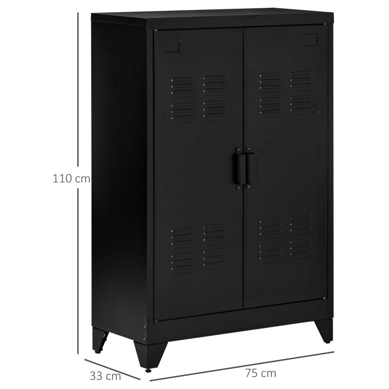 HOMCOM Sideboard Filing Cabinet with Louvered Doors Wardrobe Storage Cabinet Industrial Metal Cabinet with 2 Adjustable Shelves Living Room Bedroom Black 75 x 33 x 110 cm