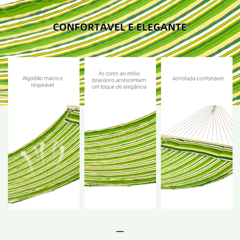 Outsunny Cama Rede Suspensa de Algodão para Jardim Campismo Praia Piquenique com Almofada Carga Máxima 180kg 284x140cm Verde e Amarelo