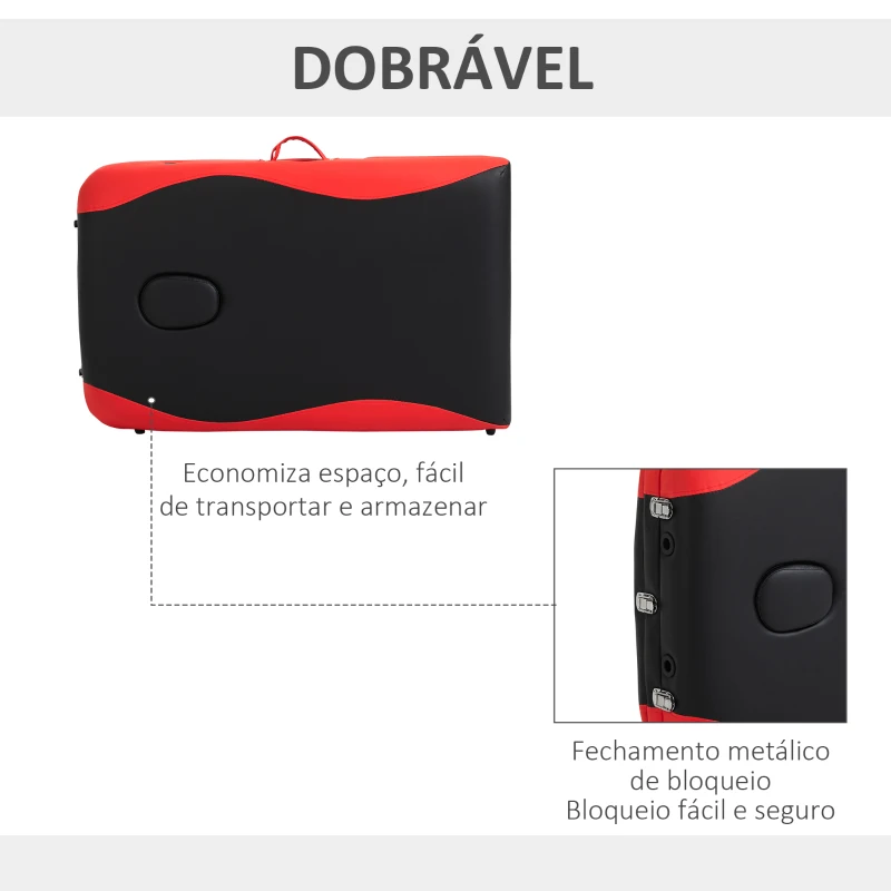HOMCOM Marquesa de Massagem Dobrável e Portátil com Altura Ajustável Apoio para a Cabeça e Apoio para os Braços 215x60x61-84 cm Preto e Vermelho
