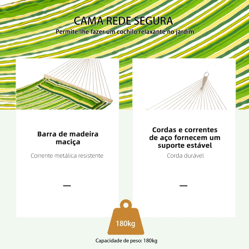 Outsunny Cama Rede Suspensa de Algodão para Jardim Campismo Praia Piquenique com Almofada Carga Máxima 180kg 284x140cm Verde e Amarelo