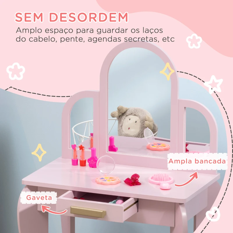 HOMCOM Toucador para Crianças com Espelho e Banco Toucador de Maquilhagem para Crianças de 3 a 6 Anos 52x32x85 cm Rosa