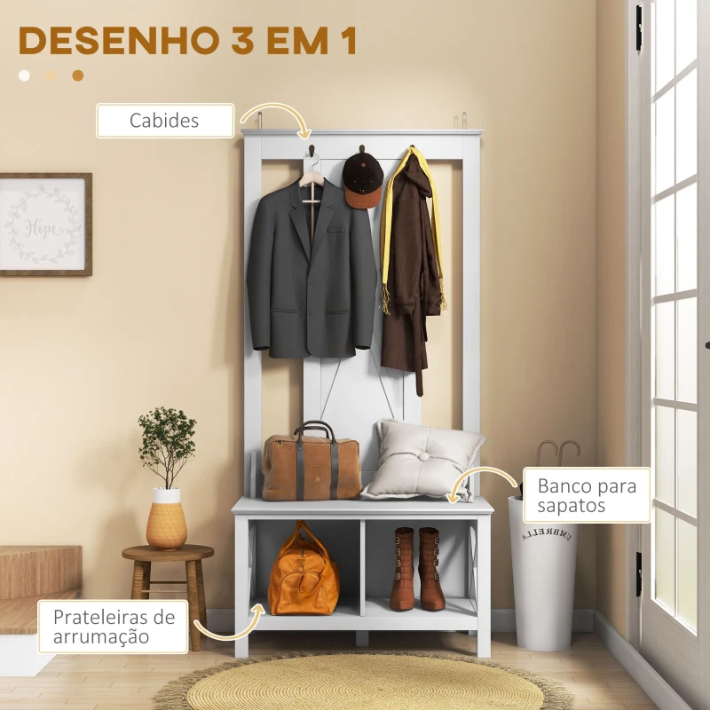 HOMCOM Móvel Cabide de Entrada de Madeira Móvel de Entrada com Banco 2 Prateleiras e 3 Ganchos para Pendurar 80,5x40x168 cm Branco