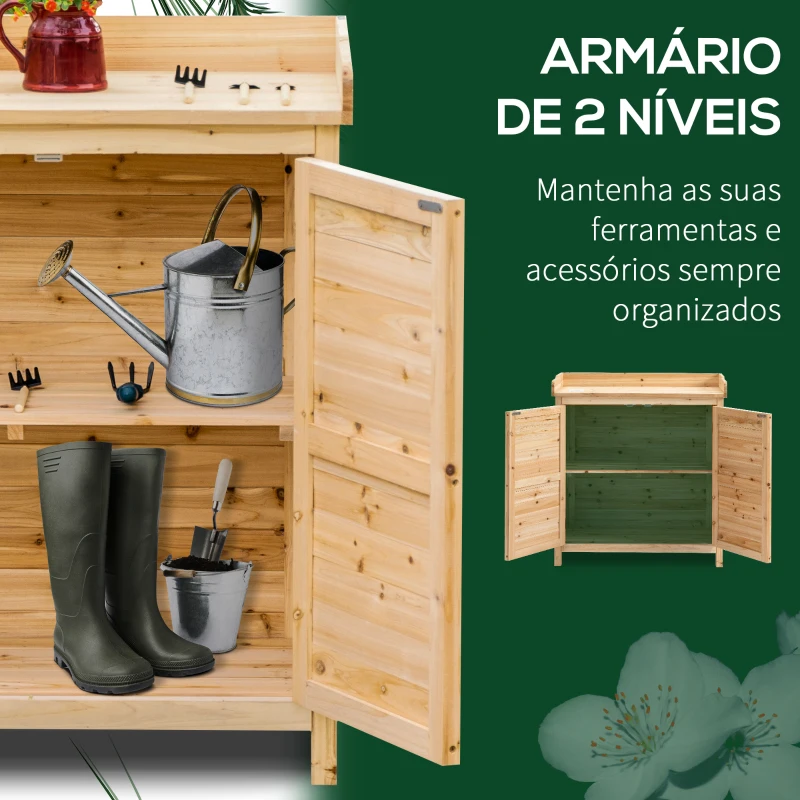Outsunny Armário de Jardim de Madeira Armário de Armazenamento com 2 Portas Prateleira e Base Elevada 83x40x92 cm Madeira