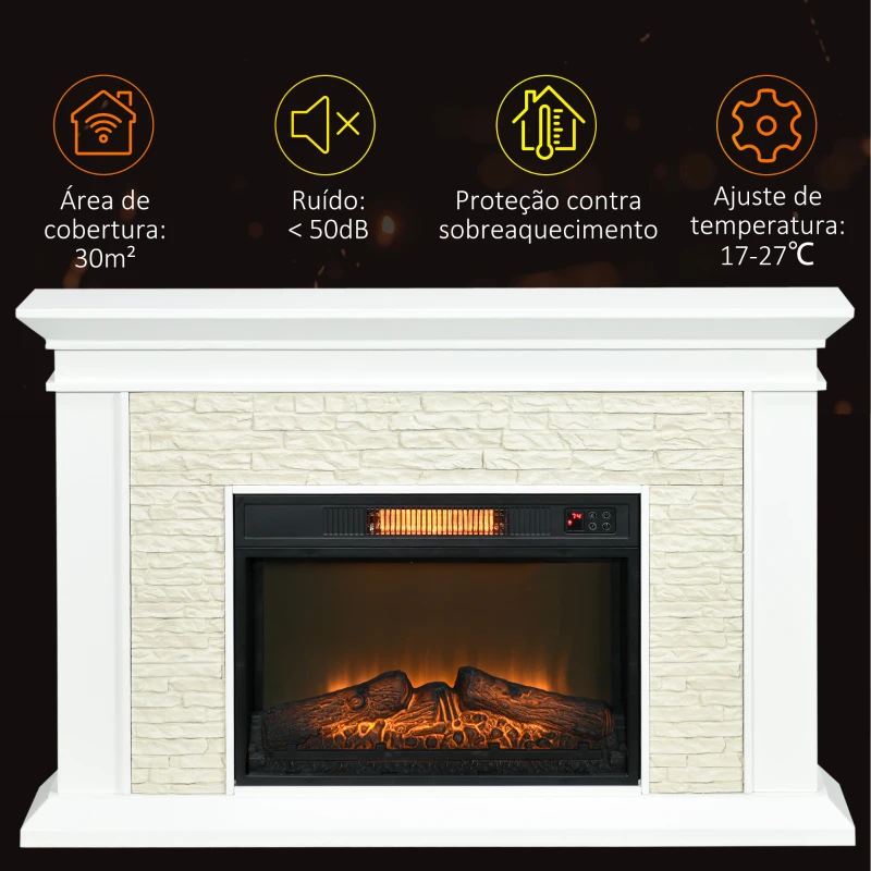 HOMCOM Lareira Elétrica 1800W com Efeito de Chama Temporizador Semanal e Proteção Contra Superaquecimento 120x24x80 cm Branco