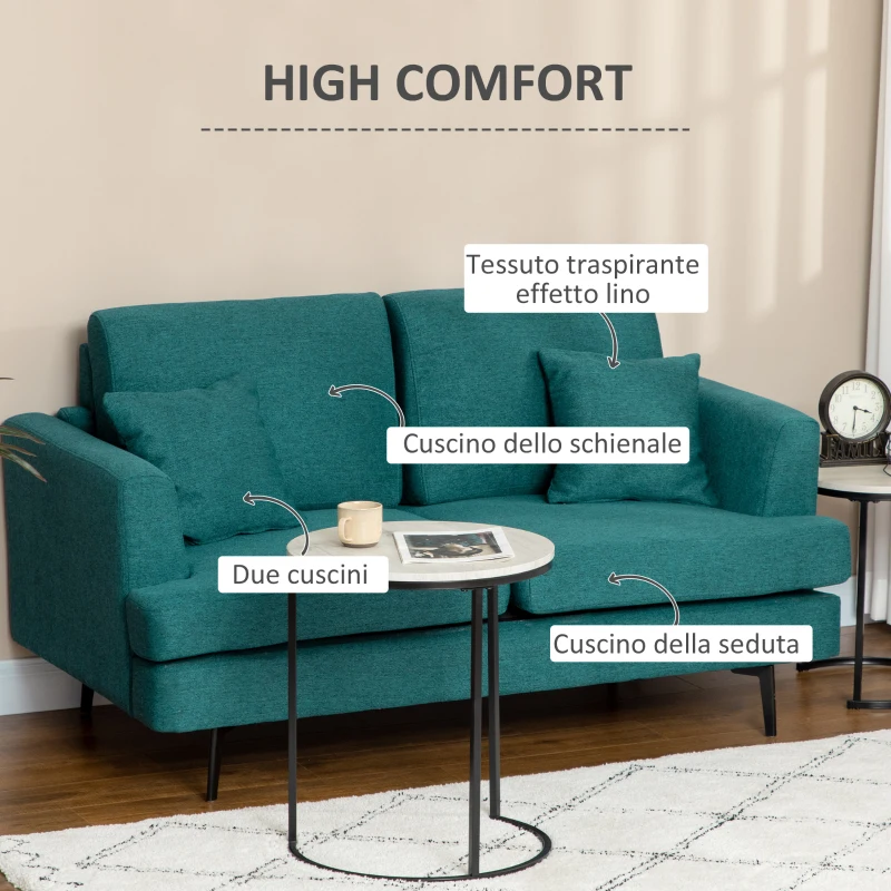 HOMCOM Divano 2 Posti Moderno con Rivestimento in Tessuto e Imbottitura Spessa, 160 x 87 x 87cm, Verde