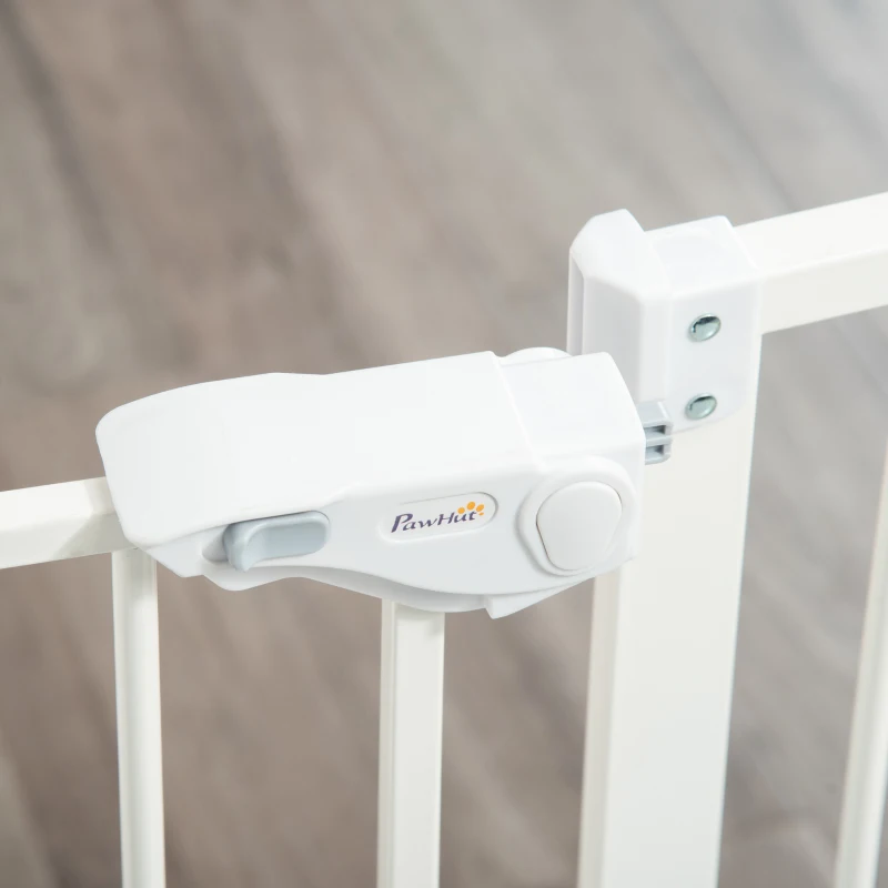 PawHut Deurhekje met Kattenluikje, Montage Zonder Boren, Variabele Breedte 74-80 cm, Met Één Hand Te Openen, Metaal, Wit