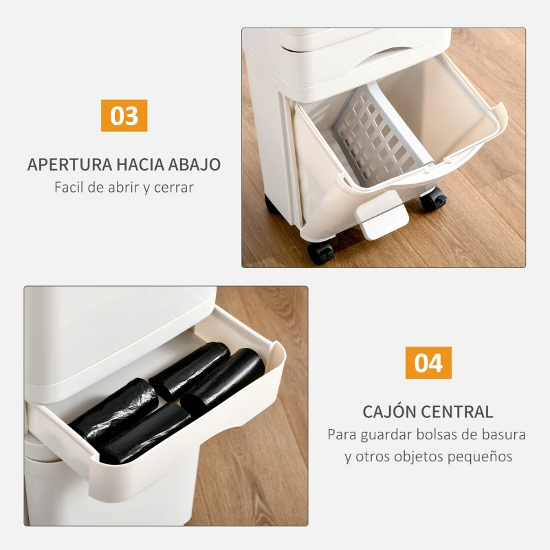 HOMCOM Cubo de Basura y Reciclaje 45L Basurero Móvil con Ruedas 4 Compartimentos Cajón Apertura y Cierre Fácil con Pulsador y Pedal 42x29x83 cm Blanco