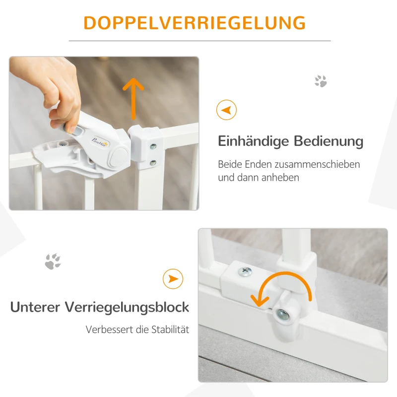 PawHut Deurhekje met Kattenluikje, Montage Zonder Boren, Variabele Breedte 74-80 cm, Met Één Hand Te Openen, Metaal, Wit