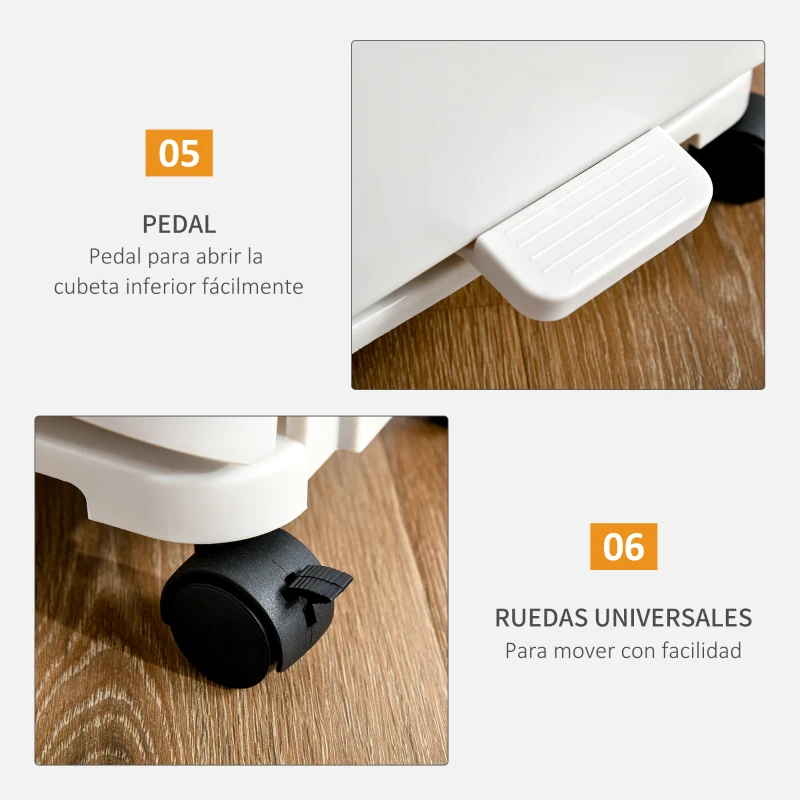 HOMCOM Cubo de Basura y Reciclaje 45L Basurero Móvil con Ruedas 4 Compartimentos Cajón Apertura y Cierre Fácil con Pulsador y Pedal 42x29x83 cm Blanco