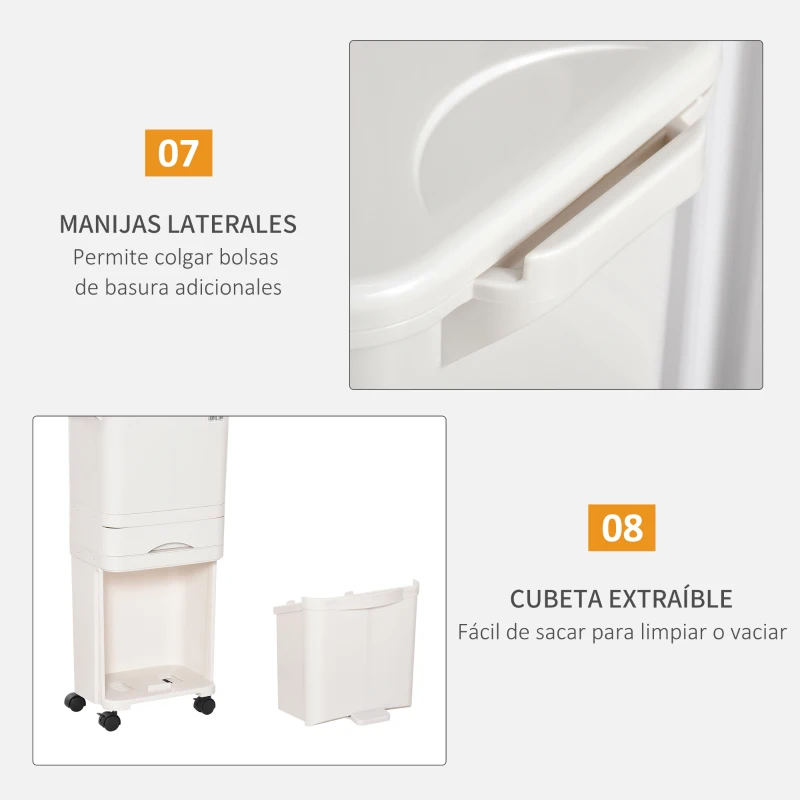 HOMCOM Cubo de Basura y Reciclaje 45L Basurero Móvil con Ruedas 4 Compartimentos Cajón Apertura y Cierre Fácil con Pulsador y Pedal 42x29x83 cm Blanco