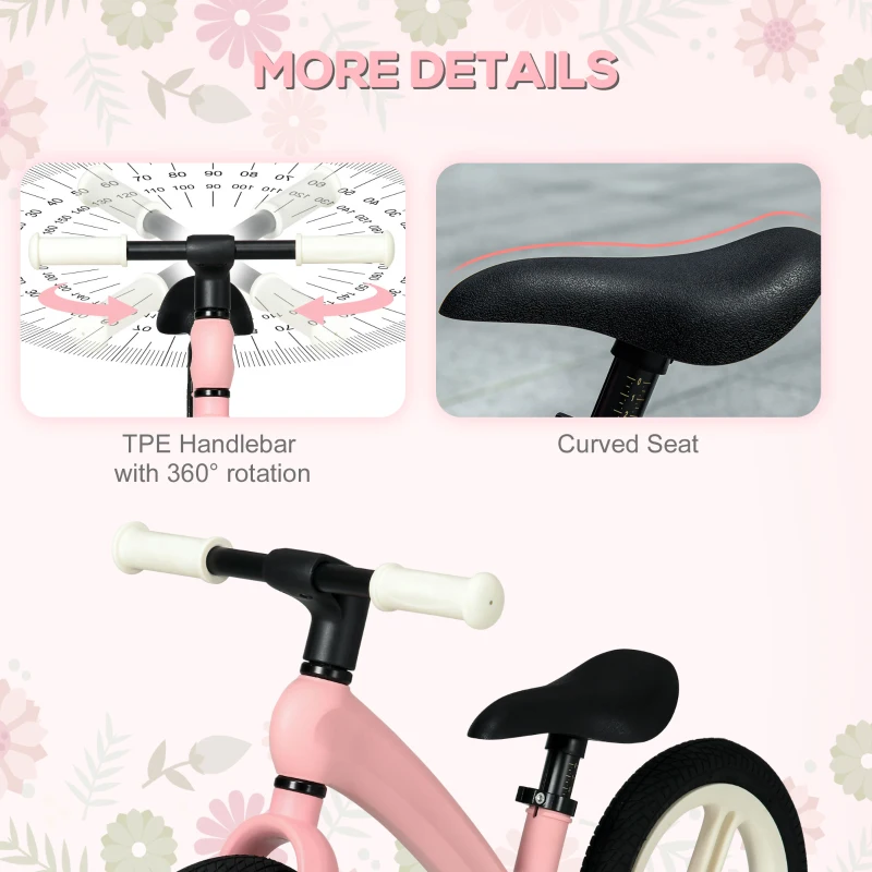 AIYAPLAY 12" Balance Bike, Lightweight No-Pedal Training Bike for Children with Adjustable Seat, Rubber Wheels - Pink