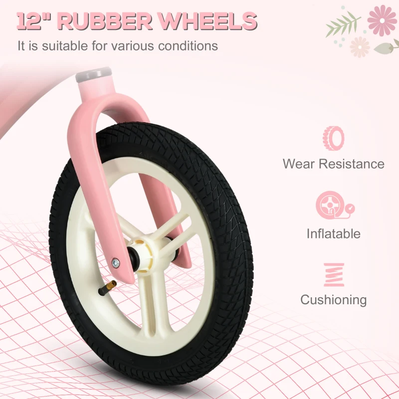 AIYAPLAY 12" Balance Bike, Lightweight No-Pedal Training Bike for Children with Adjustable Seat, Rubber Wheels - Pink