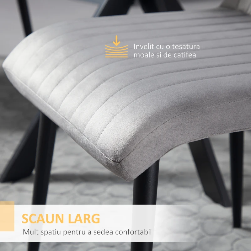 HOMCOM Scaune de Luat Masa Set de 2 Scaune de luat Masa, Scaune de Bucatarie Moderne din Tesatura de Catifea cu Spatar cu Canale si Picioare din Otel pentru Camera de Luat Masa, Camera de Zi, Gri