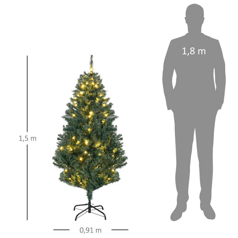 HOMCOM Árvore de Natal Artificial com 100 Luzes LED 472 Ramos e 80 Decorações para Interior Aço Ø91x150 cm Verde