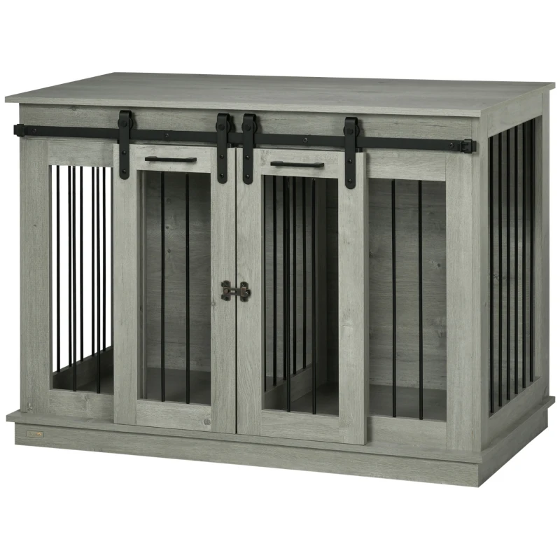 PawHut Dog Crate Furniture for Large Dogs, Double Dog Cage for Small Dogs, with Divider - Grey