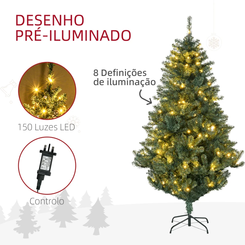 HOMCOM Árvore de Natal Artificial com 150 Luzes LED 650 Ramos e 100 Decorações para Interior Aço Ø106x180 cm Verde