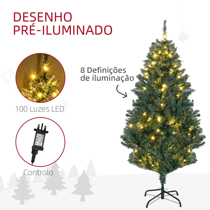 HOMCOM Árvore de Natal Artificial com 100 Luzes LED 472 Ramos e 80 Decorações para Interior Aço Ø91x150 cm Verde