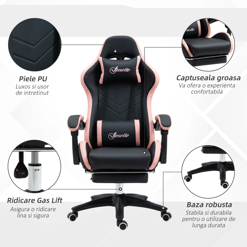 Vinsetto Scaun de gaming din piele ecologica PU si otel pentru dormitor sau camera de zi cu inaltime reglabila si spatar inclinabil, 65x65x121-129 cm, roz si negru