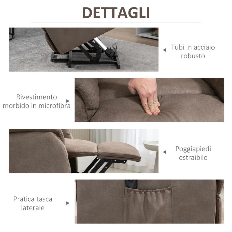 HOMCOM Poltrona Alzapersona Reclinabile 150° max con Telecomando e Poggiapiedi, 75x93x110 cm, Marrone
