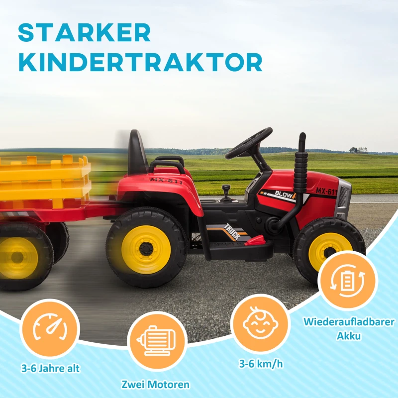 HOMCOM Elektrische kinderauto, kindertractor, inclusief ouderlijke afstandsbediening, maximale snelheid van 6 km/u; Rood + Zwart