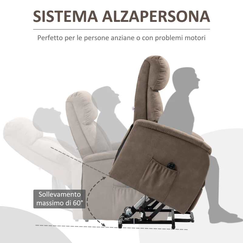 HOMCOM Poltrona Alzapersona Reclinabile 150° max con Telecomando e Poggiapiedi, 75x93x110 cm, Marrone