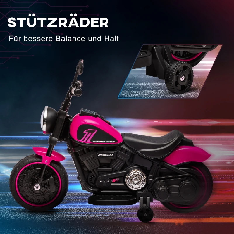 HOMCOM Elektrische kindermotorfiets met zijwieltjes, koplamp, 1,5 tot 3 km/u, roze(m-5)