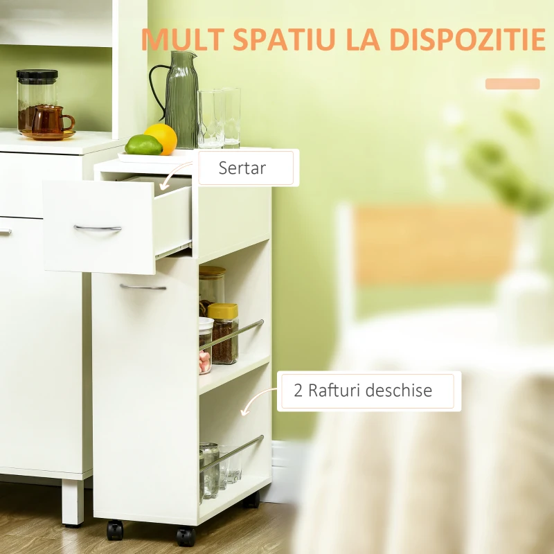 HOMCOM Carucior de bucatarie, carucior de depozitare cu insula de bucatarie sertar si rafturi deschise, alb