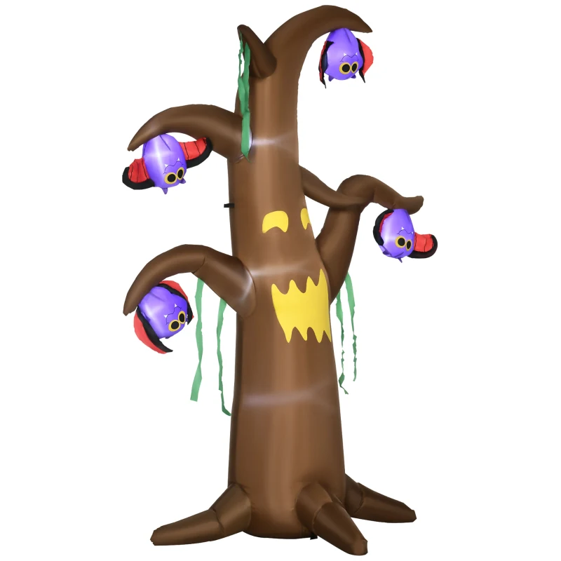 Outsunny 8ft Inflatable Halloween Ghost Tree with Upside-down Bats Showing Teeth Wings, Blow-Up Outdoor LED Display for Lawn, Garden, Party
