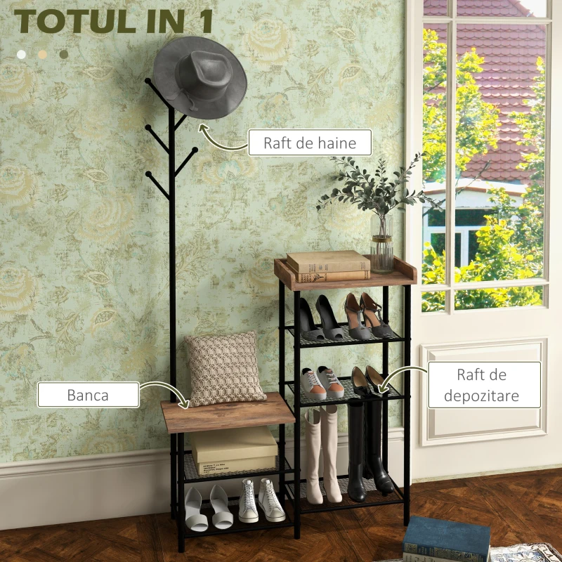 HOMCOM Cuier pentru Haine de Podea cu 6 Carlige din PAL si Otel cu Dulap de Pantofi cu mai multe Rafturi, 92.5x28.2x182 cm, Maro