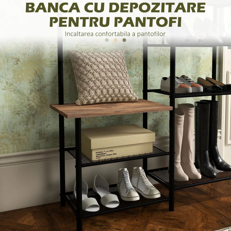 HOMCOM Cuier pentru Haine de Podea cu 6 Carlige din PAL si Otel cu Dulap de Pantofi cu mai multe Rafturi, 92.5x28.2x182 cm, Maro