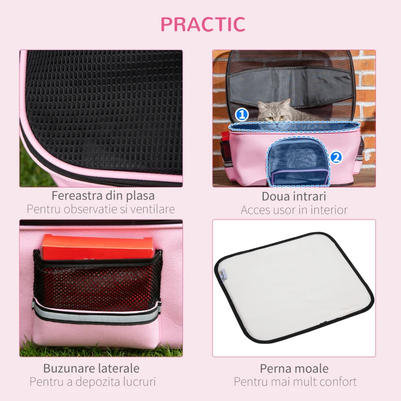 PawHut Geanta de transport pentru pisici si caini dotata cu 2 usi cu fermoar, sac cu buzunare si perna, 50x35x36cm, rosu