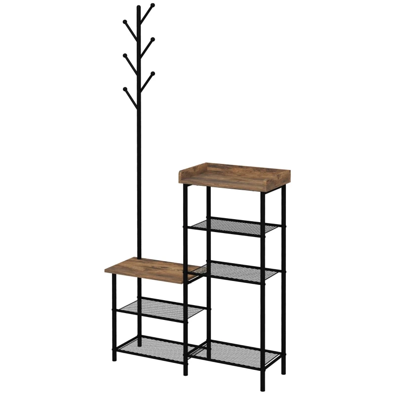 HOMCOM Cuier pentru Haine de Podea cu 6 Carlige din PAL si Otel cu Dulap de Pantofi cu mai multe Rafturi, 92.5x28.2x182 cm, Maro