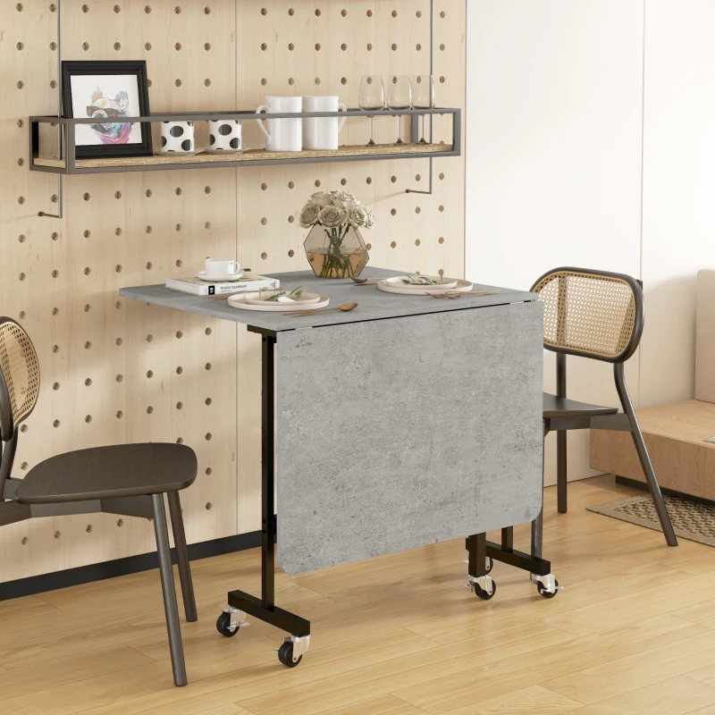 HOMCOM Mobile Drop Leaf Table, Folding Dining Table with 6 Wheels & Brakes, Kitchen Table for Small Spaces, Grey Marble Effect